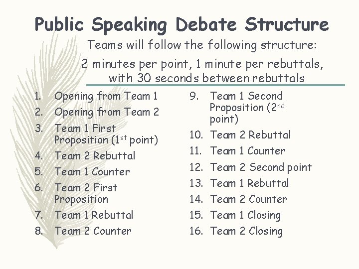 Public Speaking Debate Structure Teams will follow the following structure: 2 minutes per point,