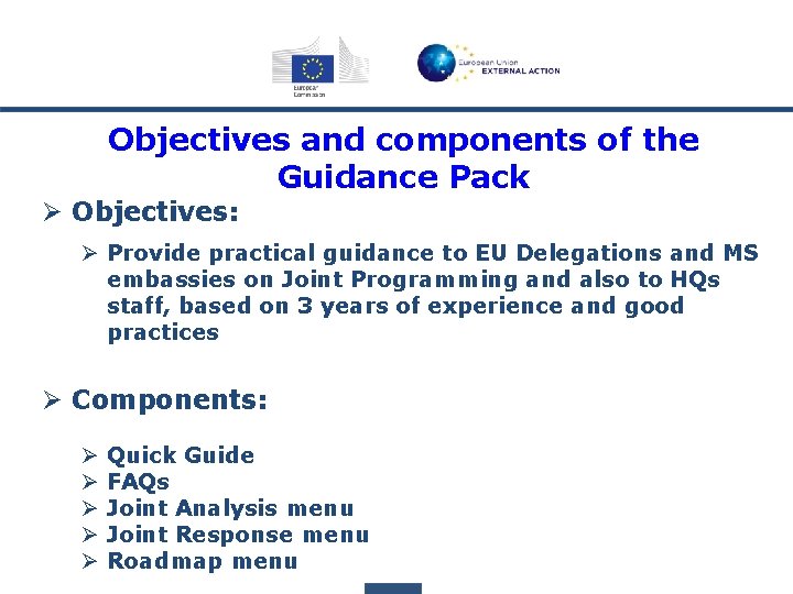 Objectives and components of the Guidance Pack Ø Objectives: Ø Provide practical guidance to