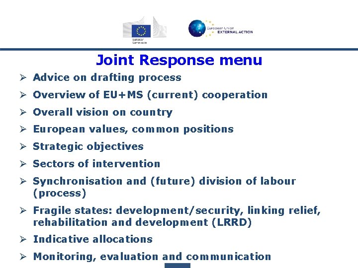 Joint Response menu Ø Advice on drafting process Ø Overview of EU+MS (current) cooperation