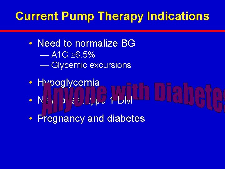 Current Pump Therapy Indications • Need to normalize BG — A 1 C 6.