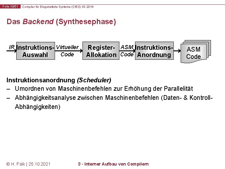 Folie 10/51 Compiler für Eingebettete Systeme (Cf. ES) SS 2014 Das Backend (Synthesephase) IR