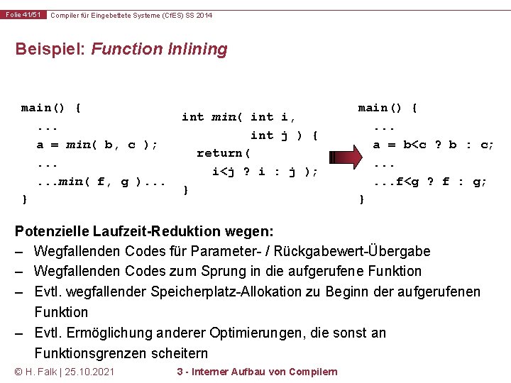 Folie 41/51 Compiler für Eingebettete Systeme (Cf. ES) SS 2014 Beispiel: Function Inlining main()