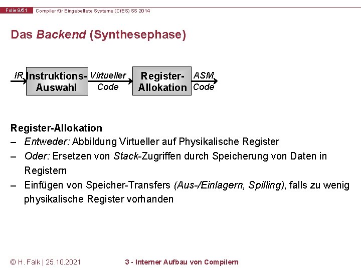 Folie 9/51 Compiler für Eingebettete Systeme (Cf. ES) SS 2014 Das Backend (Synthesephase) IR