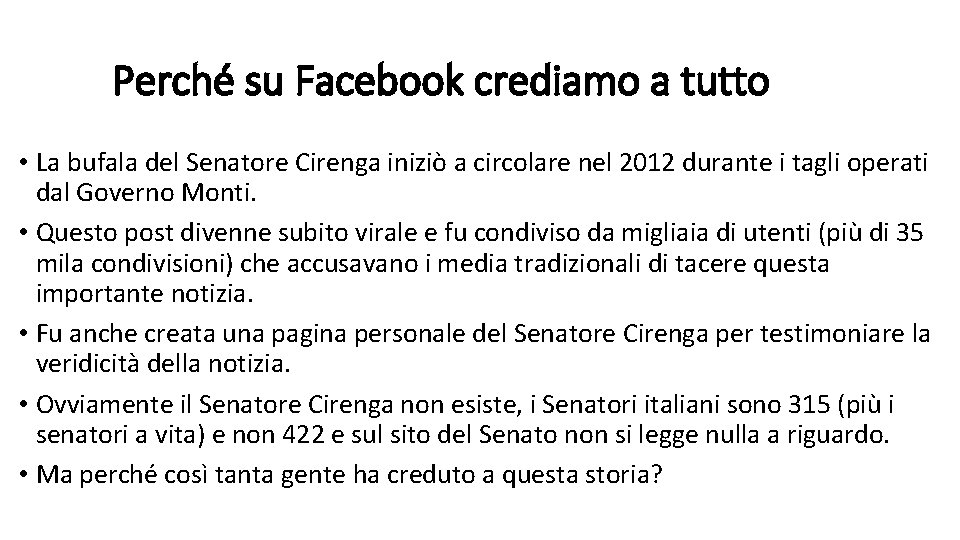 Perché su Facebook crediamo a tutto • La bufala del Senatore Cirenga iniziò a