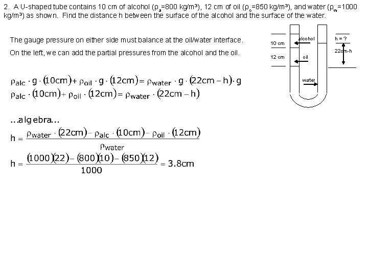 2. A U-shaped tube contains 10 cm of alcohol (ρa=800 kg/m 3), 12 cm