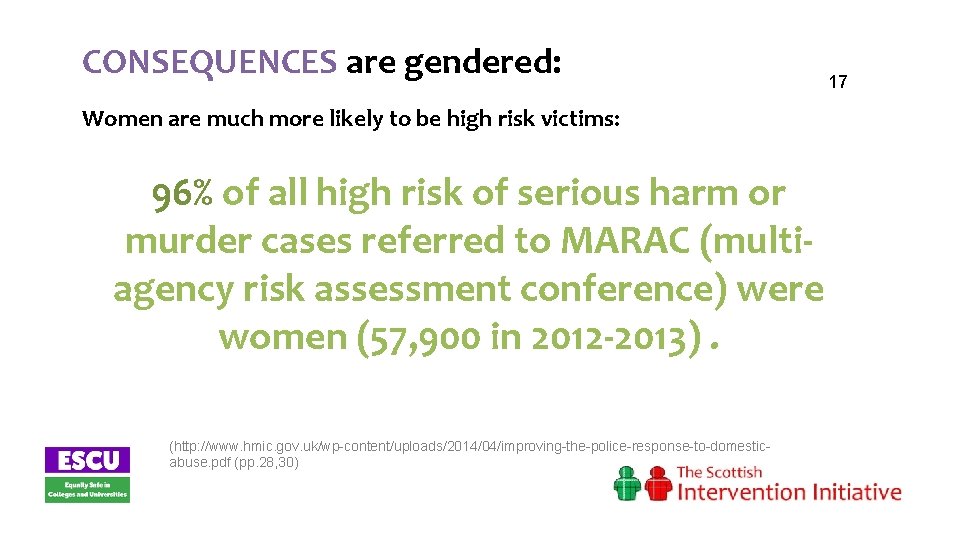 CONSEQUENCES are gendered: Women are much more likely to be high risk victims: 96%