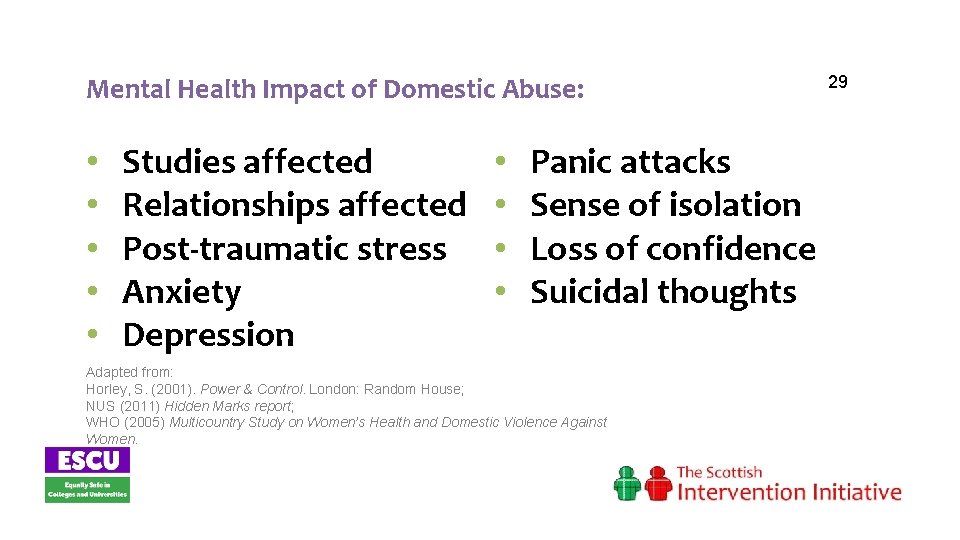 Mental Health Impact of Domestic Abuse: • • • Studies affected Relationships affected Post-traumatic