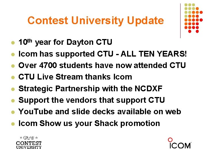 Contest University Update l l l l 10 th year for Dayton CTU Icom