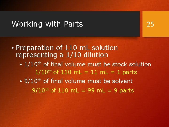 Working with Parts 25 • Preparation of 110 m. L solution representing a 1/10