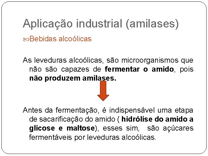 Aplicação industrial (amilases) Bebidas alcoólicas As leveduras alcoólicas, são microorganismos que não são capazes