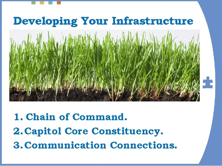 Developing Your Infrastructure 1. Chain of Command. 2. Capitol Core Constituency. 3. Communication Connections.