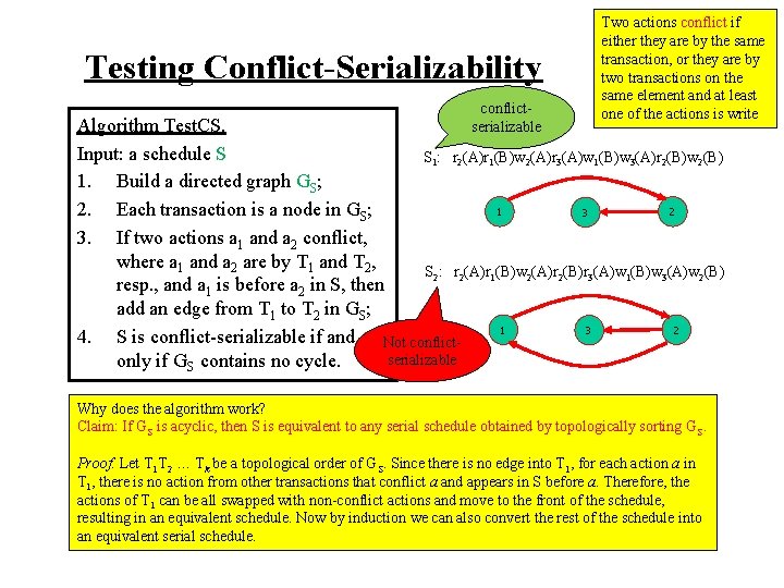 Testing Conflict-Serializability conflictserializable Two actions conflict if either they are by the same transaction,