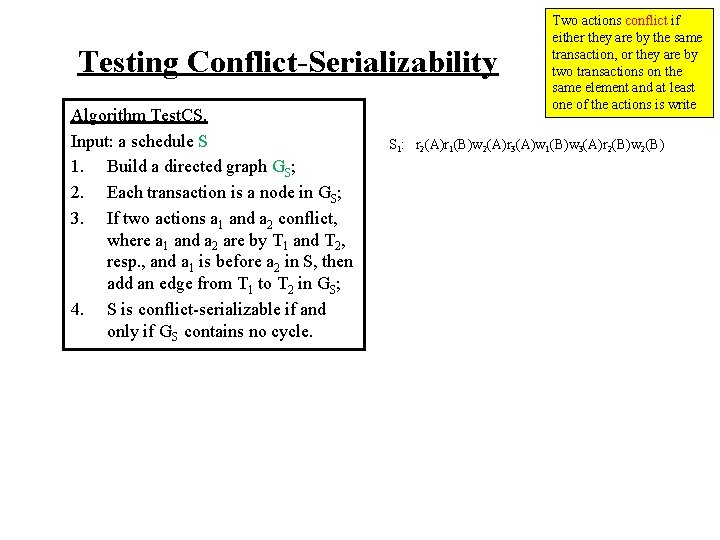 Testing Conflict-Serializability Algorithm Test. CS. Input: a schedule S 1. Build a directed graph