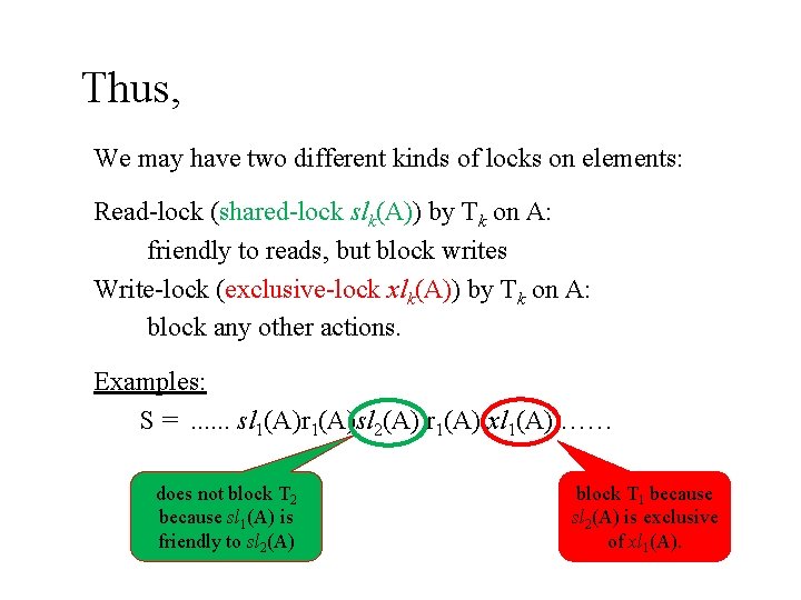 Thus, We may have two different kinds of locks on elements: Read-lock (shared-lock slk(A))