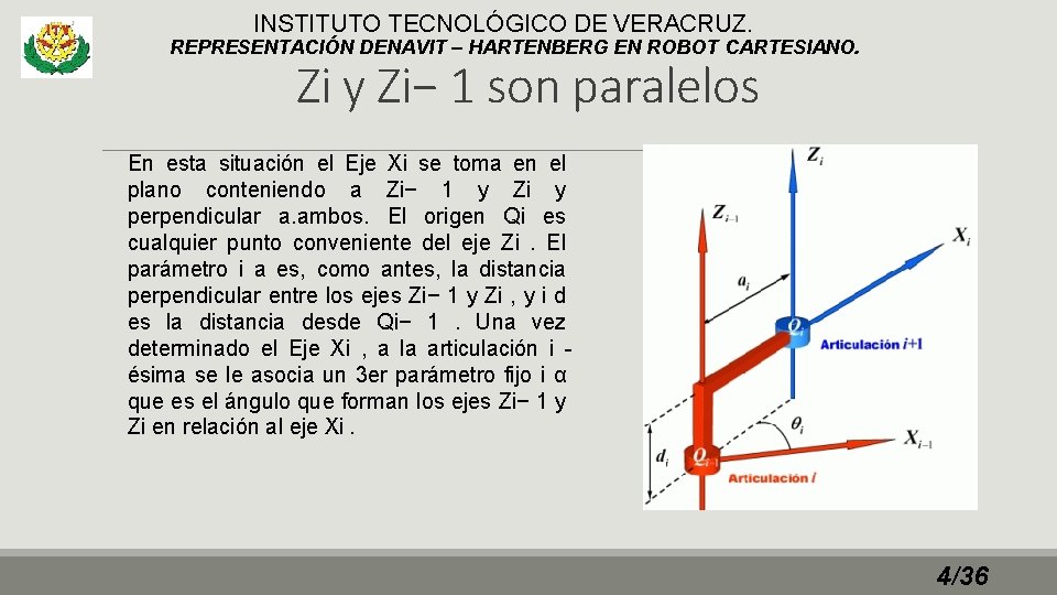 INSTITUTO TECNOLÓGICO DE VERACRUZ. REPRESENTACIÓN DENAVIT – HARTENBERG EN ROBOT CARTESIANO. Zi y Zi−