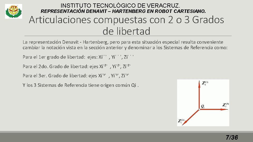 INSTITUTO TECNOLÓGICO DE VERACRUZ. REPRESENTACIÓN DENAVIT – HARTENBERG EN ROBOT CARTESIANO. Articulaciones compuestas con