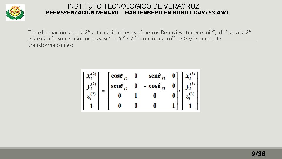 INSTITUTO TECNOLÓGICO DE VERACRUZ. REPRESENTACIÓN DENAVIT – HARTENBERG EN ROBOT CARTESIANO. Transformación para la