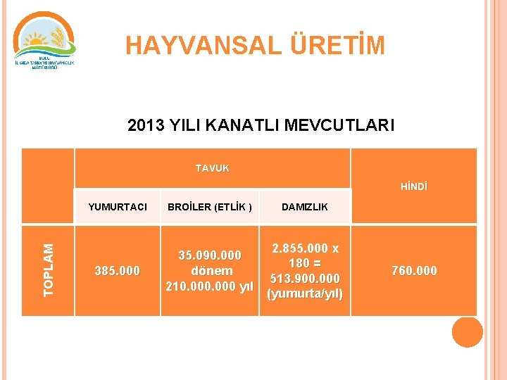 HAYVANSAL ÜRETİM 2013 YILI KANATLI MEVCUTLARI TAVUK TOPLAM HİNDİ YUMURTACI BROİLER (ETLİK ) DAMIZLIK