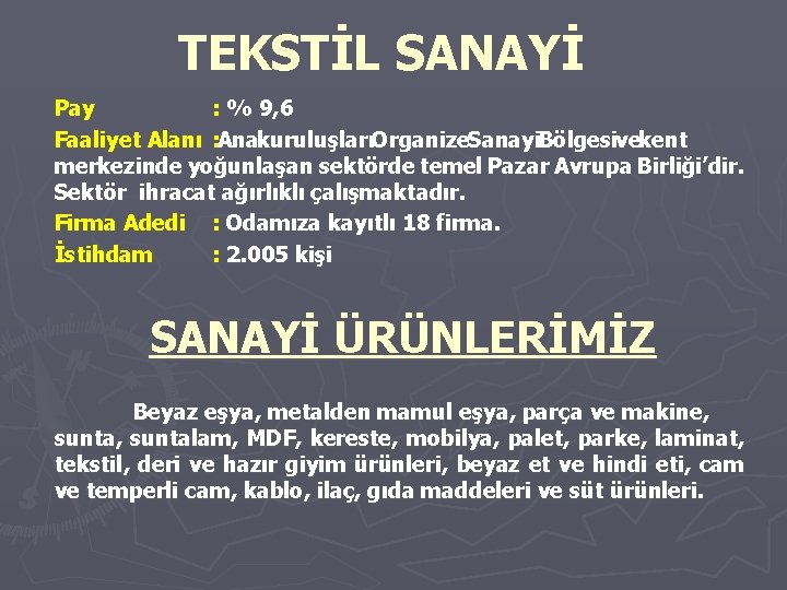 TEKSTİL SANAYİ Pay : % 9, 6 Faaliyet Alanı : AnakuruluşlarıOrganize. Sanayi. Bölgesivekent merkezinde