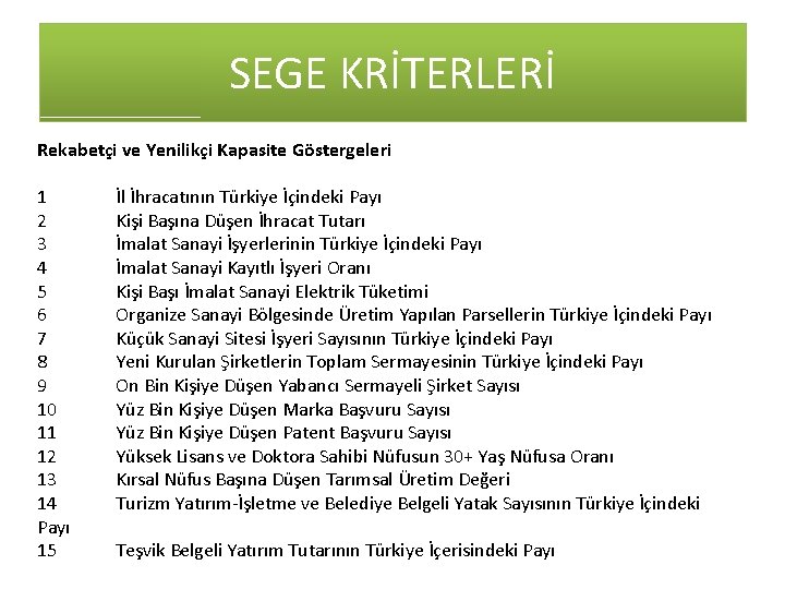 SEGE KRİTERLERİ Rekabetçi ve Yenilikçi Kapasite Göstergeleri 1 2 3 4 5 6 7