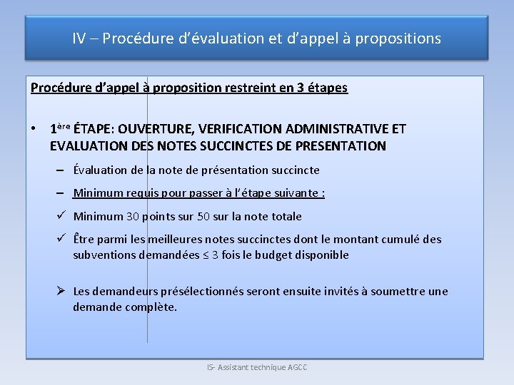 IV – Procédure d’évaluation et d’appel à propositions Procédure d’appel à proposition restreint en