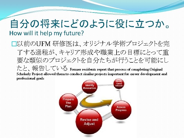 自分の将来にどのように役に立つか。 How will it help my future? �以前のUFM 研修医は、オリジナル学術プロジェクトを完 了する過程が、キャリア形成や職業上の目標にとって重 要な類似のプロジェクトを自分たちが行うことを可能にし たと、報告している Former residents