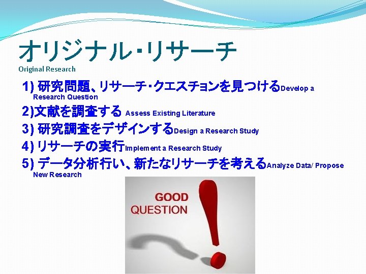 オリジナル・リサーチ Original Research 1) 研究問題、リサーチ・クエスチョンを見つけるDevelop a Research Question 2)文献を調査する Assess Existing Literature 3) 研究調査をデザインするDesign