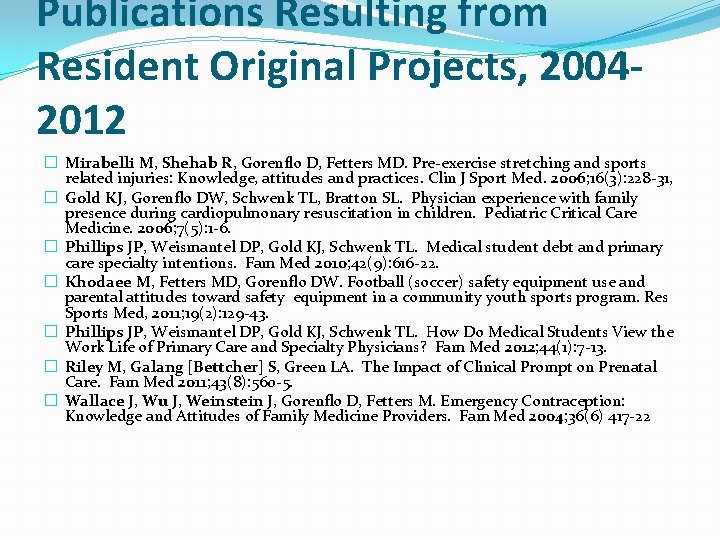 Publications Resulting from Resident Original Projects, 20042012 � Mirabelli M, Shehab R, Gorenflo D,