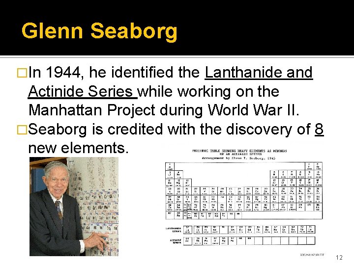 Glenn Seaborg �In 1944, he identified the Lanthanide and Actinide Series while working on