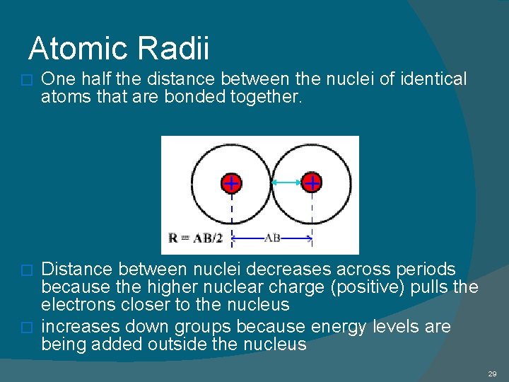 Atomic Radii � One half the distance between the nuclei of identical atoms that