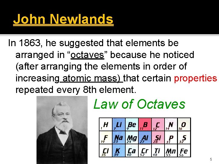 John Newlands In 1863, he suggested that elements be arranged in “octaves” because he