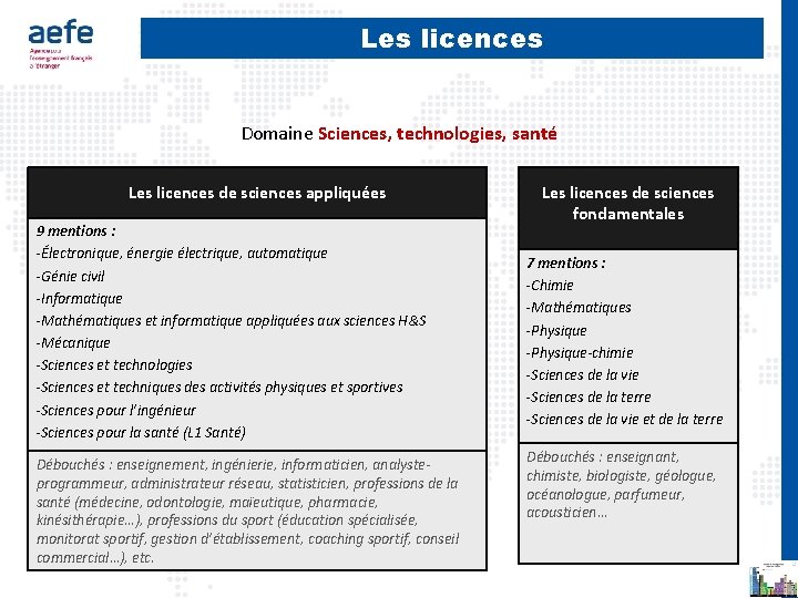 Les licences Domaine Sciences, technologies, santé Les licences de sciences appliquées 9 mentions :