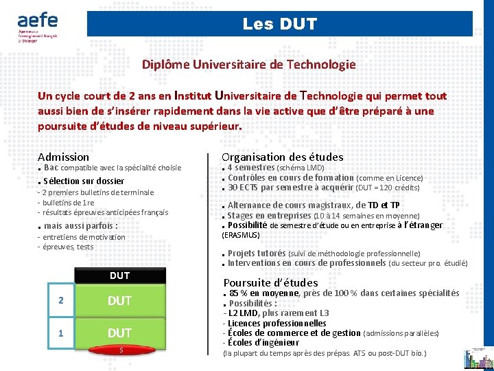 Les DUT Diplôme Universitaire de Technologie Un cycle court de 2 ans en Institut