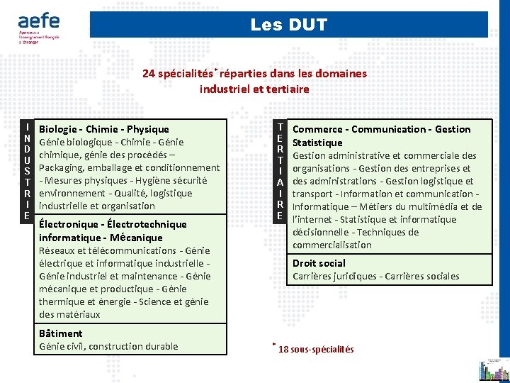 Les DUT 24 spécialités* réparties dans les domaines industriel et tertiaire I N D