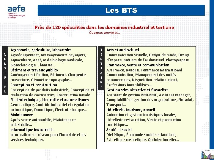 Les BTS Près de 120 spécialités dans les domaines industriel et tertiaire Quelques exemples…