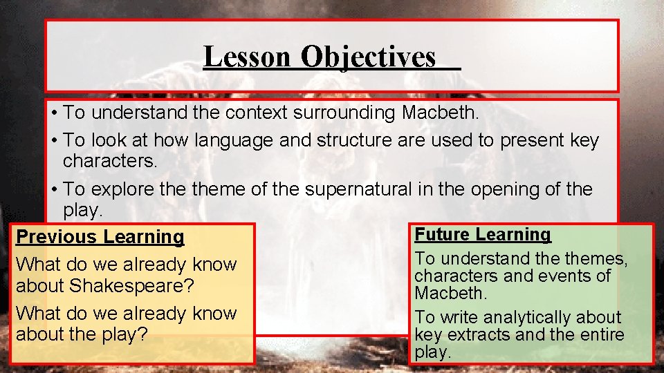 Lesson Objectives • To understand the context surrounding Macbeth. • To look at how