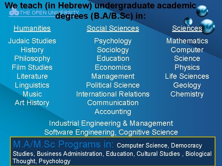 We teach (in Hebrew) undergraduate academic A THE OPEN UNIVERSITY degrees (B. A/B. Sc)