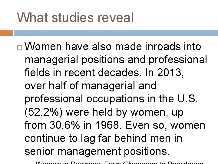 What studies reveal Women have also made inroads into managerial positions and professional fields