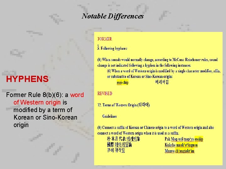 Notable Differences HYPHENS Former Rule 8(b)(6): a word of Western origin is modified by