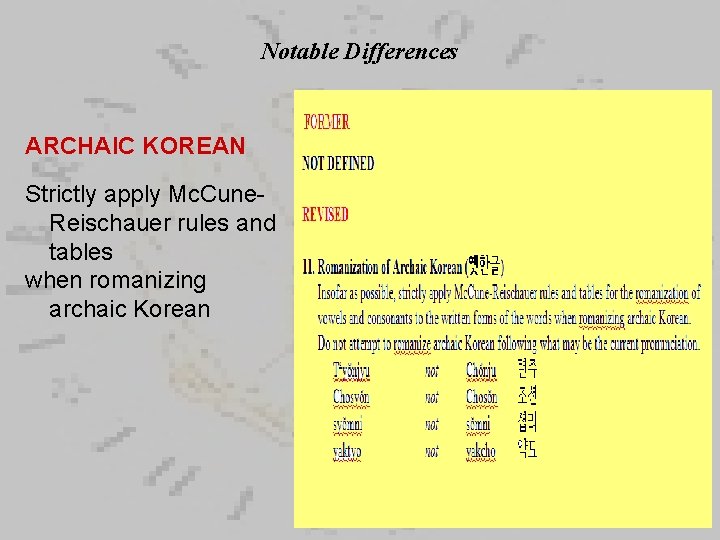 Notable Differences ARCHAIC KOREAN Strictly apply Mc. Cune. Reischauer rules and tables when romanizing