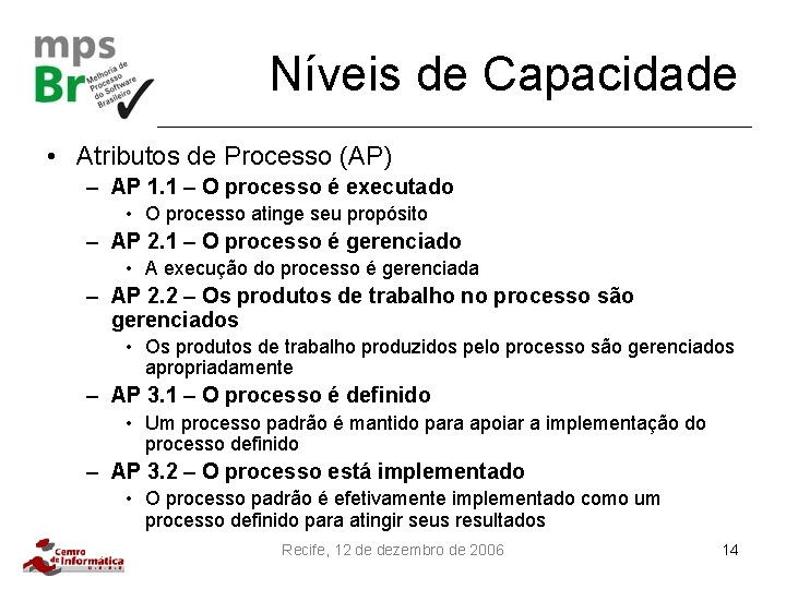 Níveis de Capacidade • Atributos de Processo (AP) – AP 1. 1 – O