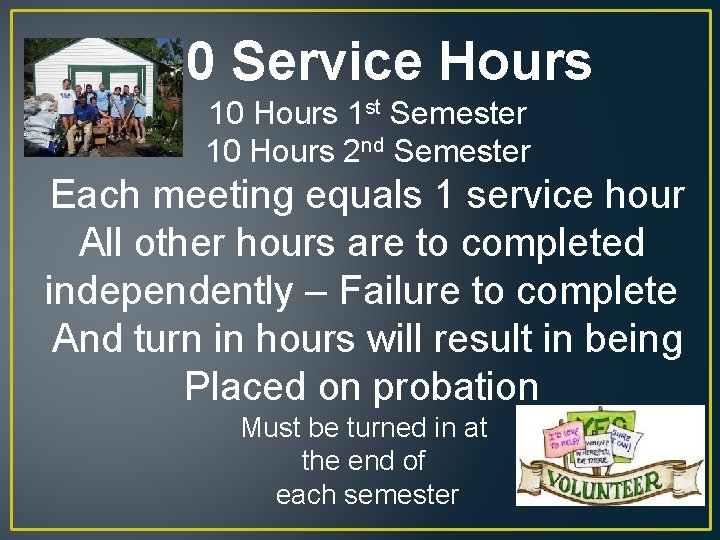 20 Service Hours 10 Hours 1 st Semester 10 Hours 2 nd Semester Each
