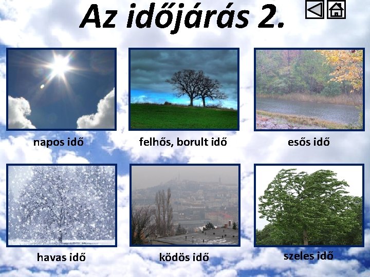 Az időjárás 2. napos idő felhős, borult idő esős idő havas idő ködös idő