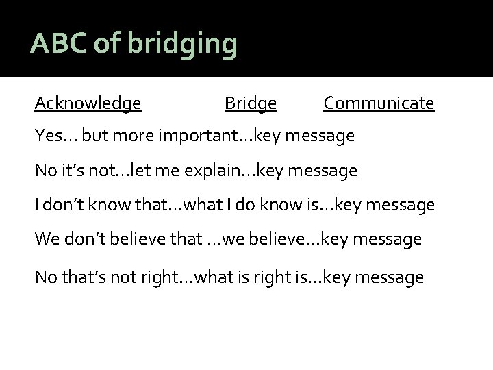 ABC of bridging Acknowledge Bridge Communicate Yes… but more important…key message No it’s not…let