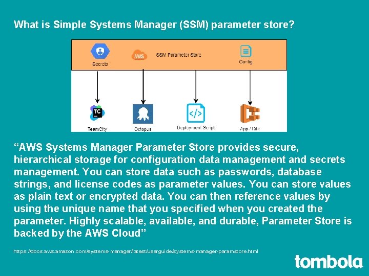 What is Simple Systems Manager (SSM) parameter store? “AWS Systems Manager Parameter Store provides