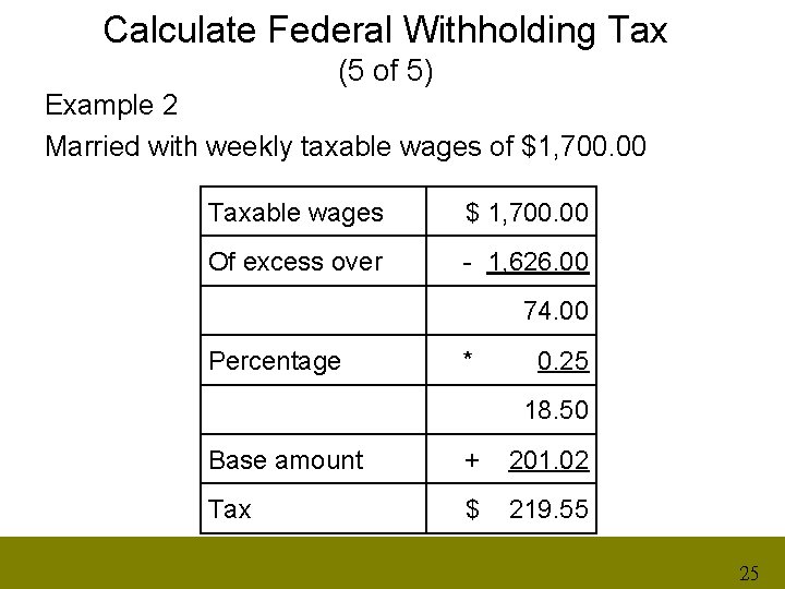 Calculate Federal Withholding Tax (5 of 5) Example 2 Married with weekly taxable wages