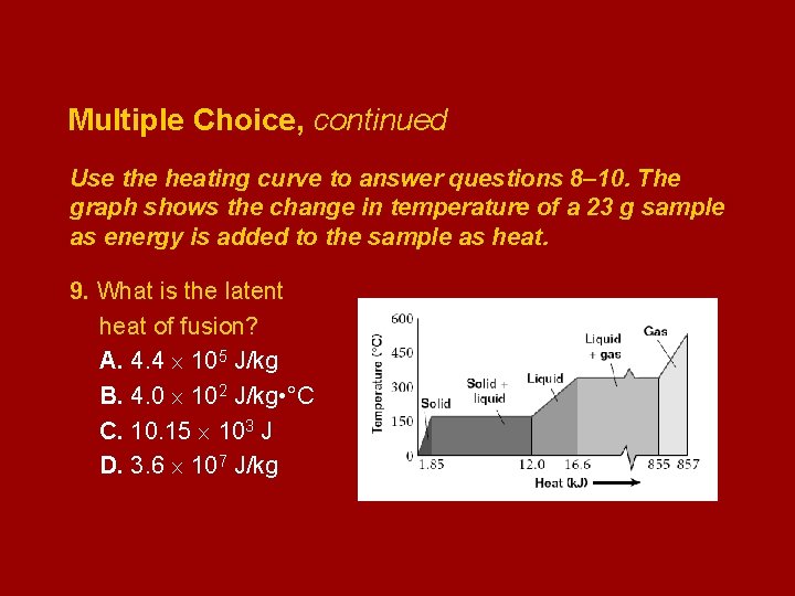 Multiple Choice, continued Use the heating curve to answer questions 8– 10. The graph