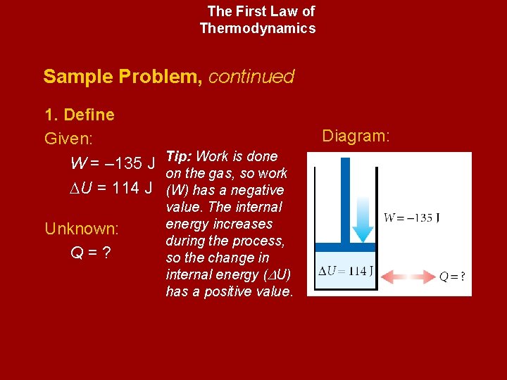 The First Law of Thermodynamics Sample Problem, continued 1. Define Given: W = –