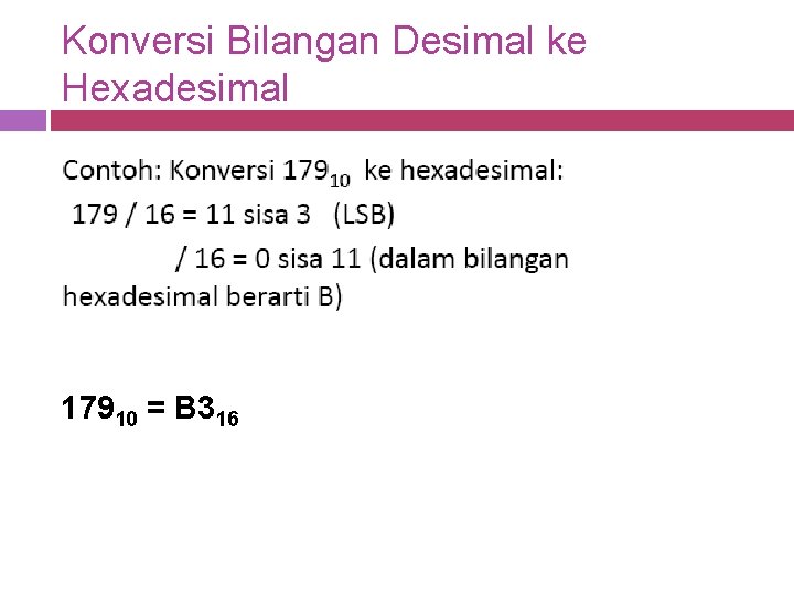 Konversi Bilangan Desimal ke Hexadesimal 17910 = B 316 