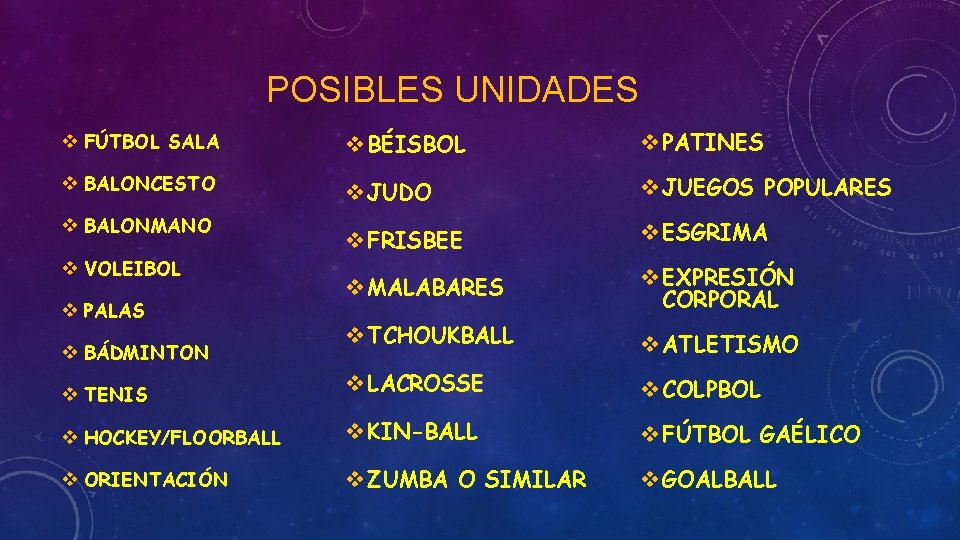 POSIBLES UNIDADES v FÚTBOL SALA v BÉISBOL v PATINES v BALONCESTO v JUDO v